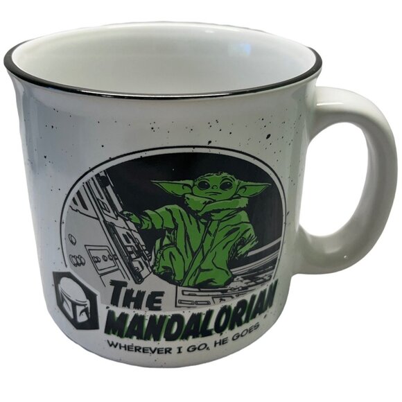 Star Wars The Mandalorian Baby Yoda Grogu Camper Mug 20 oz Wherever I Go He Goes - Picture 2 of 8